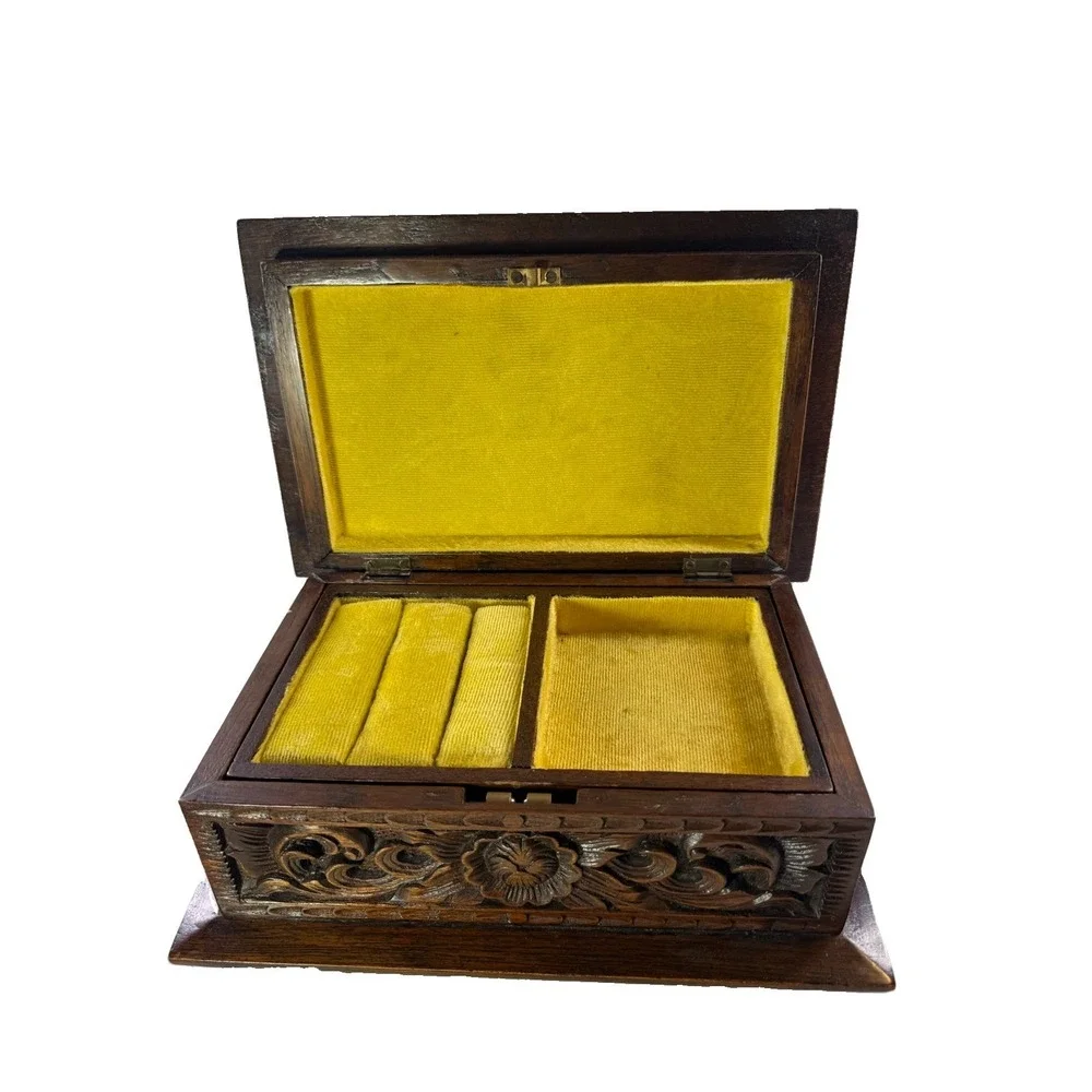 Vintage 1970s Thai Hand Carved Teak Jewelry Box Velvet Lining Tony M. Chiangmai